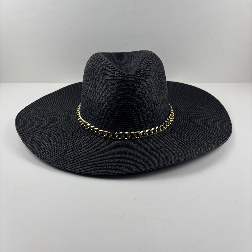 Wide Brim Straw Sun Hat Womens OS Black Gold Chain Link Festival Beach Boho Glam